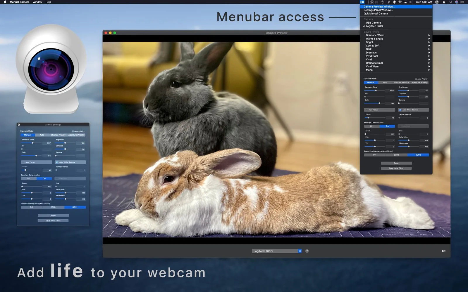 Manual Camera menu bar controls over a live image