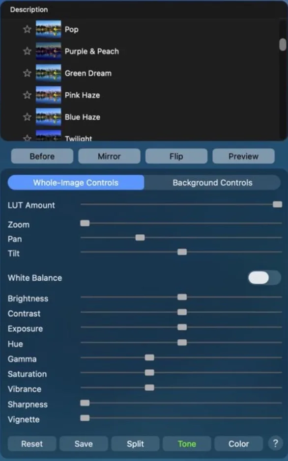 Filter and reframe controls